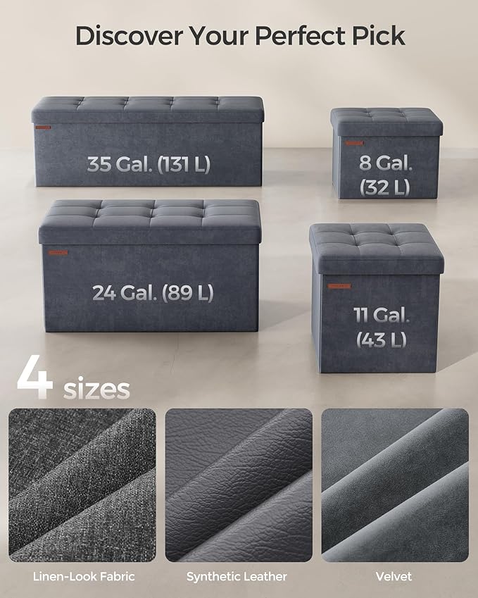 SONGMICS Storage Ottoman, Foldable Small Ottoman Foot Rest, 12.2 x 16.1 Inches Foot Stool, Load up to 286 lb, for Living Room, Bedroom, Dorm, Slate Gray ULSF200G01