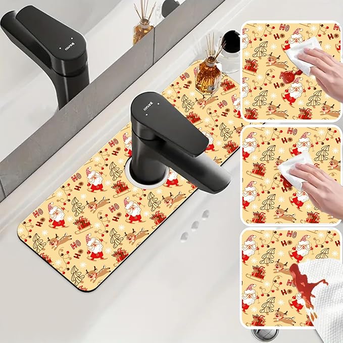 Chrismas Sink Splash Guard Faucet Mat Cute Christmas Absorbent Fast Drying Mat Sink Gadgets Splash Guard Behind Faucet Drip Catcher for Kitchen Bathroom 15.5"X5.5"