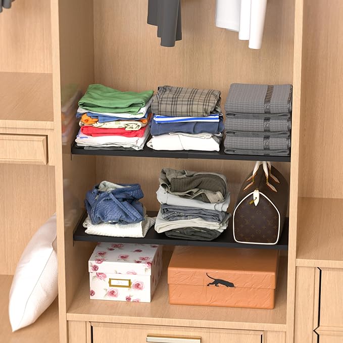 Expandable Closet Tension Shelf Organizers, Cabinet Rack Storage for Wardrobe Divider Shelves Pantry Cupboard Kitchen (2 Pack, W11.81 x L: 17" to 31")