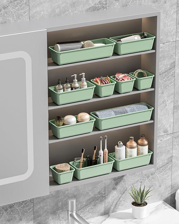 13 Pack Plastic Drawer Organizers Set, 3 Sizes Desk Drawer Organizer Trays for Vanity and Makeup Organizer, Organization and Storage for Makeup, Kitchen Utensils, Bathroom and Office(Green)