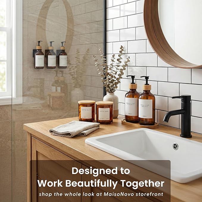 MaisoNovo Glass Dish Soap Dispenser for Kitchen Set of 2-16.9oz Amber Dish and Hand Soap Dispenser Set for Kitchen - Amber Glass Bottles x 2 with Black Bamboo Pumps & Tray