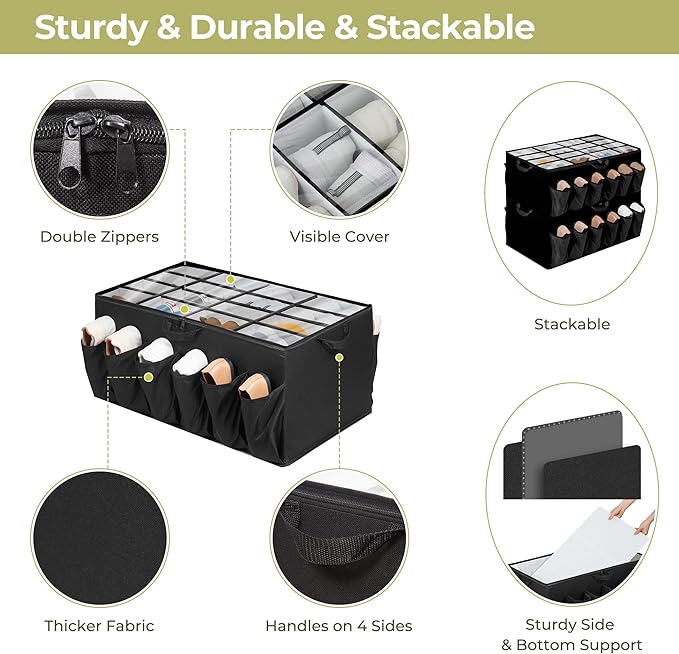 Shoe Organizer for Closet, Shoe Storage Solution with Clear Cover & Adjustable Dividers, Fabric Shoe Box Fits 16 +12 Pairs Shoes, Black, 2-Pack