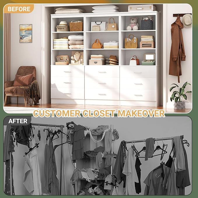 Aheaplus Closet Drawers Organizer System, 5.3FT Wood Closet System with 4 Drawers, Modular Walk-in Closets Storage Unit, Tall Bookshelf Storage Cabinet, White (3 Packs)