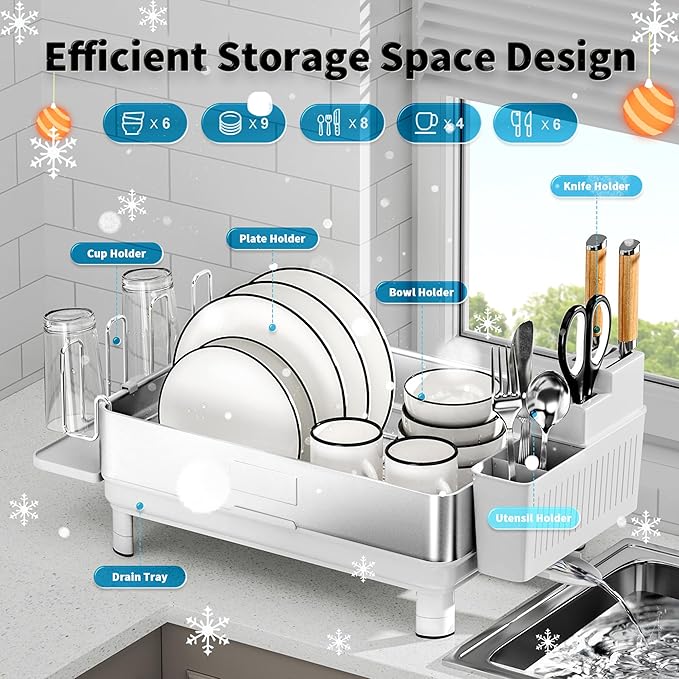 Dish Drying Rack, 304 Stainless Steel Dish Racks for Kitchen Counter, Dish Drainers with Automatic Drainage, Utensil Holder & Cups Holder, Space Saving Kitchen Organizer, White