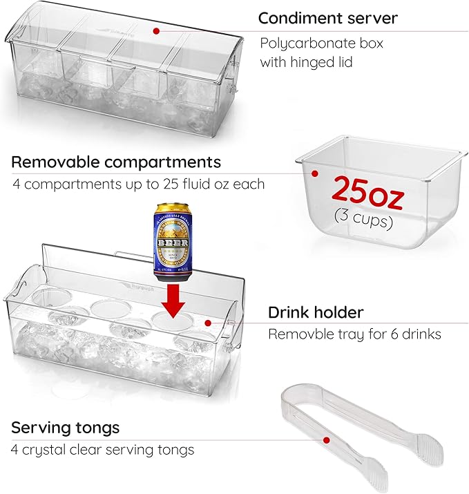 Pikanty | 4-Compartment Chill & Serve Condiment Caddy with Revolutionary Ice Base | Spacious, Hygienic, and Durable for All Events | Made in USA