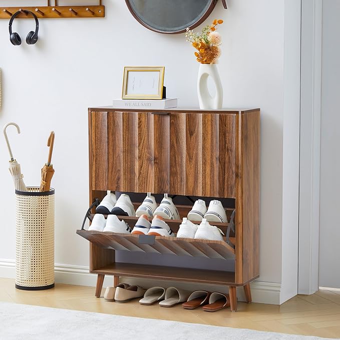 Bifins 31.5” Fluted Shoe Cabinet Storage with 2 Flip Drawers,Narrow Freestanding Shoe Storage Organizer,Slim Shoe Rack Cabinet for Entryway,Hallway (Walnut)