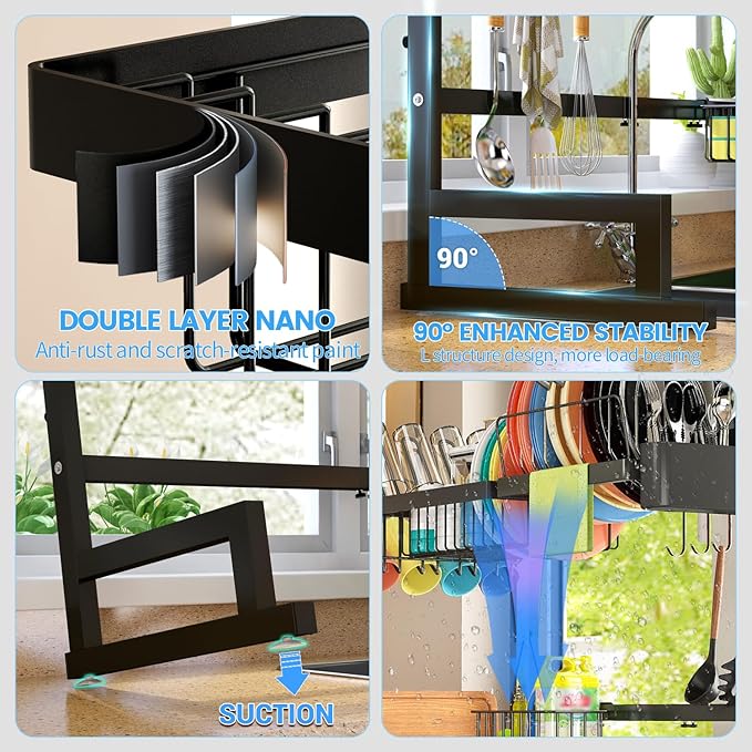 ADBIU 【Fit Sink 24"- 35.6" L 2024 Over The Sink Drying Rack (Expandable Dimension) Snap-On Design 2 Tier Large Dish Rack Kitchen Count Organization and Storage