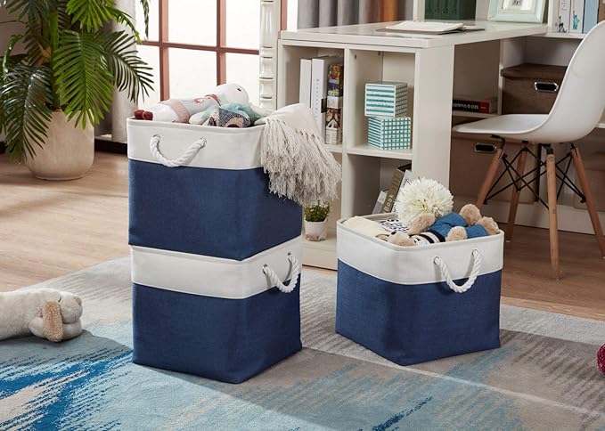 DECOMOMO Cube Storage Bins 13x13 Storage Cubes for Toys, Shelves, Closet and Cube Organizer (Navy Blue & White, 3 Pack)