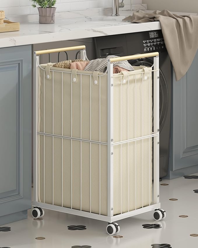 Laundry Hamper with Wheels,Laundry Basket with Wooden handle, Laundry Sorter with Removable Liner Bag,Suitable for Laundry Room, Bedroom,Bedroom(Beige, 78L)