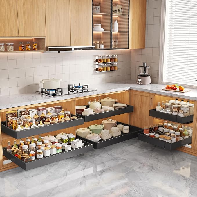 4 Pack Pull Out Cabinet Organizers 21" Deep With Raising Pad for Framed Cabinets, Expandable Width (15.2"-26.3") Slide Out Drawers Upgrade 3 Slide Rails, Roll Out Shelves Adhesive, Black