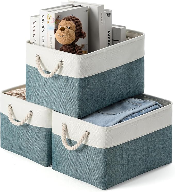 DUHEL Storage Bins 3 Pack, Fabric Storage Basket for Collapsible Medium Canvas Storage Baskets for Organizing Shelf Nursery Home Closet . 15(L) x 11(W) x 9.5(H) inch (White&Teal-3PCS)
