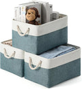 DUHEL Storage Bins 3 Pack, Fabric Storage Basket for Collapsible Medium Canvas Storage Baskets for Organizing Shelf Nursery Home Closet . 15(L) x 11(W) x 9.5(H) inch (White&Teal-3PCS)