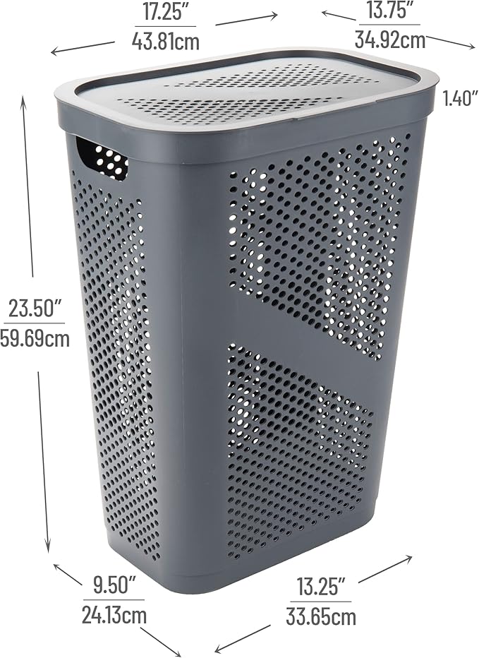 Mind Reader Slim Laundry Hamper with Lid, 60L Clothes Basket, Ventilated Plastic, Gray