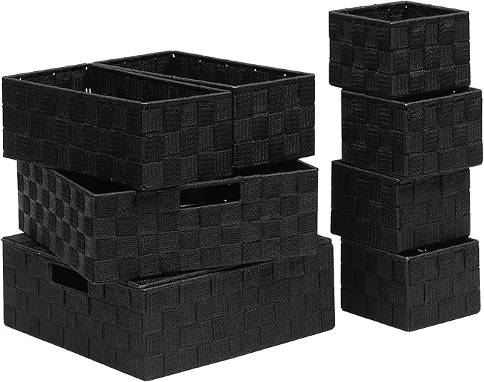 Woven Storage Bins with Lids, Set of 8, Polypropylene Storage Baskets with Metal Frame, Stackable Fabric Boxes for Drawers, Closet, Shelf, Nursery and Office, Black