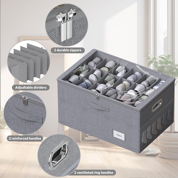 Shoe Organizer for Closet, Shoe Box Storage Containers Fit 18 Pairs Foldable Shoe Storage Bins with Clear Cover & Adjustable Dividers for Shoes Blankets Linen Clothing (Grey, (24.4*16.5*12.9)x1)