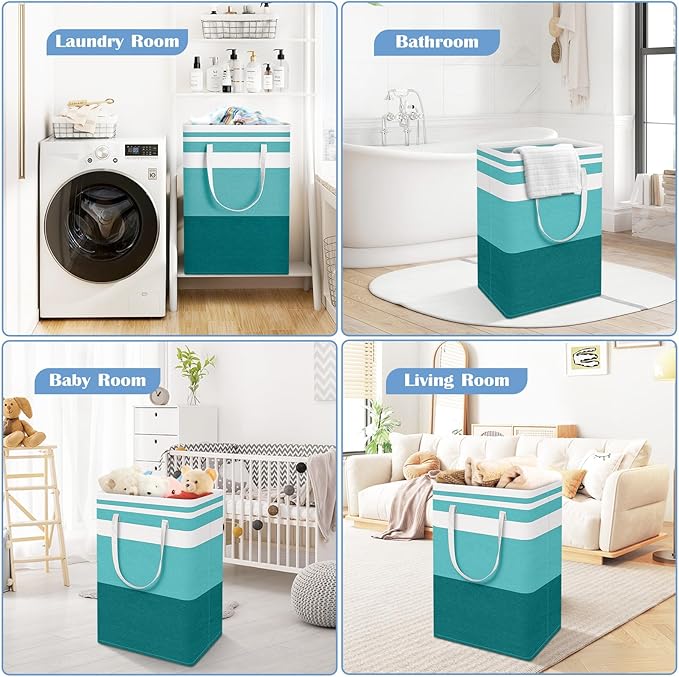 BlissTotes 3-Pack Laundry Basket, Freestanding＆Waterproof Laundry Hamper, Collapsible Tall Clothes Hamper with Easy Carry Handles for Clothes, Towels in the Family and Dorm,Gradient Green,88L