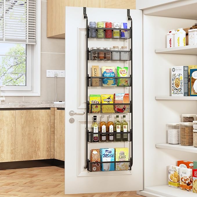 Over the Door Pantry Organizer, 6-Tier Pantry Door Organization and Storage, Over the Door Spice Rack, Home & Kitchen Storage Shelves for Cabinet, Black