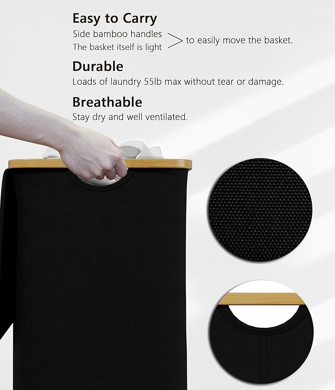 SUOCO Laundry Basket with Lid, 29 Gal (110L) Clothes Hamper with Bamboo Handles, Large Foldable Laundry Hamper for Bedroom, Bathroom, Dorm, Laundry Room - Black