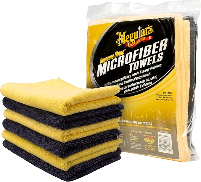 Meguiar's Supreme Shine Microfiber Towels for Cars,Ultra-Plush Car Microfiber Towel Set for Quickly Removing Product Without Leaving Swirls on Paint,Glass,Plastic,or Chrome,(Pack of 6)