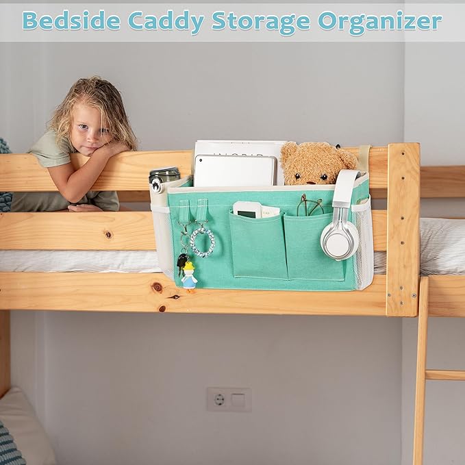 Loghot Bedside Caddy/Bedside Storage Bag Hanging Organizer for Bunk and Hospital Beds,Dorm Rooms Bed Rails,Can be Placed Glasses,Books,Mobile Phones,Keys (Green)