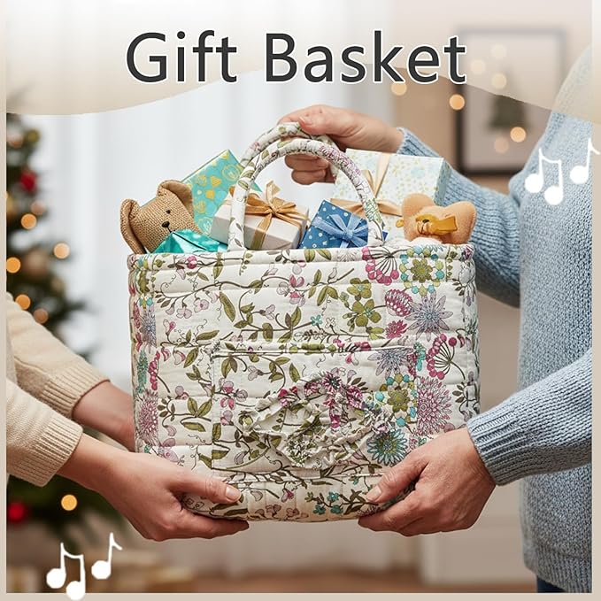 Quilted Fabric Storage Baskets with Handles, Boho Floral Gift Basket Foldable Organizer Bin for Home Decor, Picnic, Travel 12''x10''x10'' (Purple)