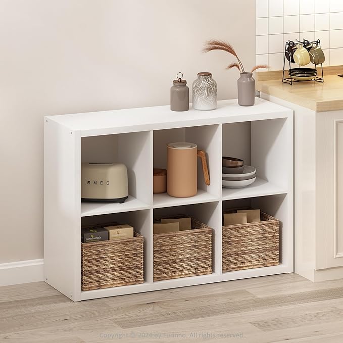 Furinno HERMITE Kitchen Island, 6-Cube Coffee Bar, Extra Thick Kitchen Storage, Bakers Rack, for Pantry Organizers and Storage, Kitchen Organization, White