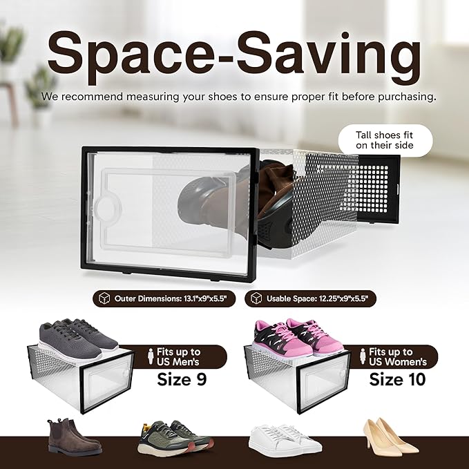 Reli. Shoe Boxes (7 Pack) | Clear Shoe Storage Boxes Stackable and Compact | Lightweight Plastic Storage Box with Ventilation Holes, Swing Door | Interlocking Containers, Stackable Rack | Black