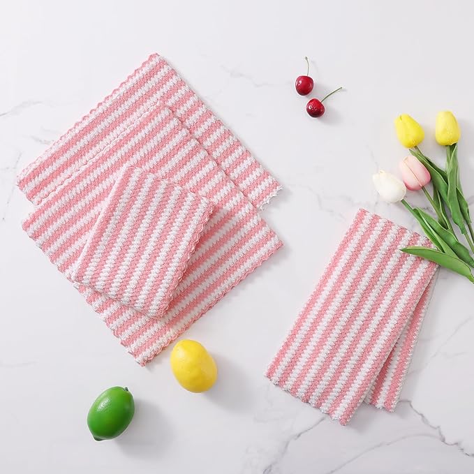 Homaxy 12 Pack Kitchen Dish Cloths, Ultra Soft and Absorbent Dish Towels, Reusable Fast Drying Microfiber Cleaning Cloth, Coral Velvet Wave Design No-lint, 10 x 10 inches, Pink