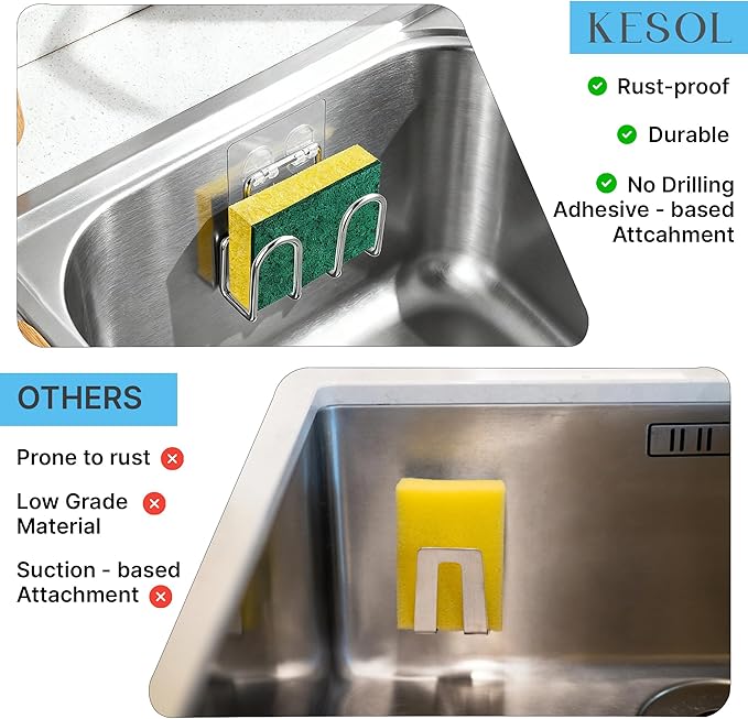 KESOL Kitchen Sponge Holder | Sink Caddy for Sponges, Scrubbers, Soap. No Drilling, Adhesive, Rustproof SUS304 Stainless Steel, Compact Kitchen Sink Accessories