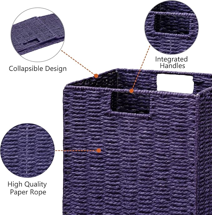 Vagusicc Wicker Storage Basket, Set of 2 Hand-Woven Paper Rope Wicker Basket, Foldable Cube Storage Bins, 9 inch Square Storage Baskets for Organizing Shelves & Decor, Purple (9″×9″×9″)