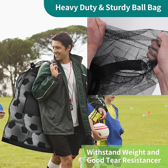Extra Large Soccer Ball Bag, 40" x 30" Drawstring Mesh Ball Bag with Pocket, Heavy Duty Sport Net Sack for Coaches, Storage Bag for Basketball, Volleyball, Gym Equipment, Swimming Gear