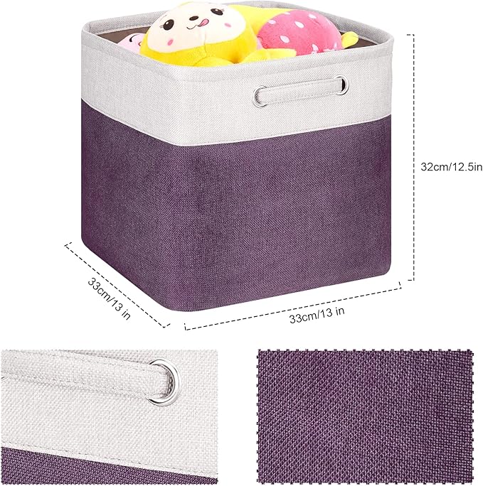 13 Inch Cube Storage Bins Purple - 3-Pack Purple Storage Cubes with Handles, 13x13x13 Fabric Storage Bins, Foldable Dark Purple Storage Baskets for Shelves, Cloth Organizer Cube Bins