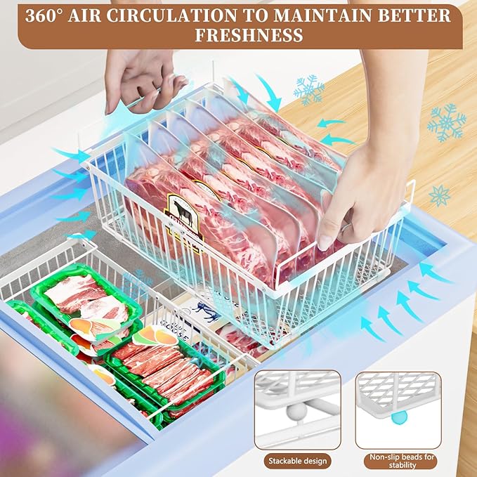 Large Freezer Organizer Bins，Upgraded Bottom Leak-Proof net，2 Pack， Expandable Stackable Chest Freezer Containers with Handle，for Fridge, Deep Freezer, Cabinet, Kitchen, Pantry (White-2Pack)