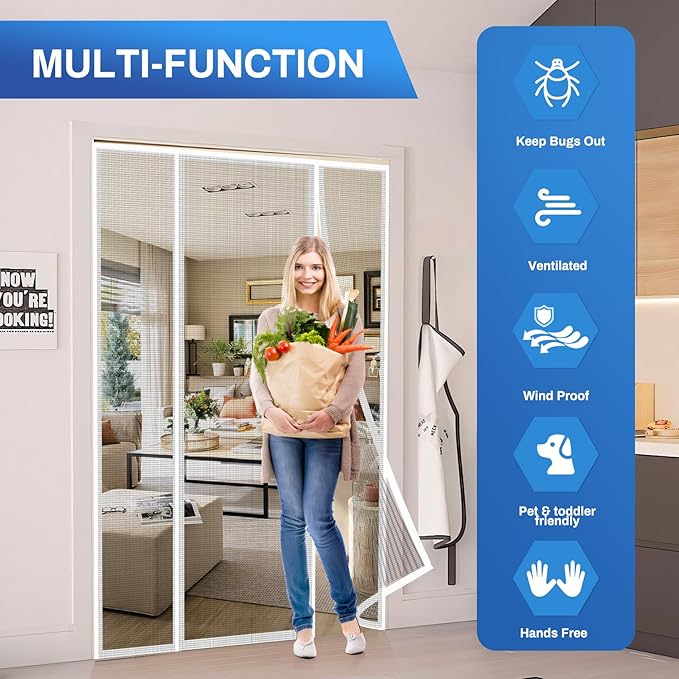 Magnetic Screen Door Upgraded PET Mesh Stronger Than Fiberglass and Polyester,Hands Free,Keeps Bugs Out,Pet & Kid Friendly,Suitable for Sliding Door,Large Patio Door and French Door-60''x96''