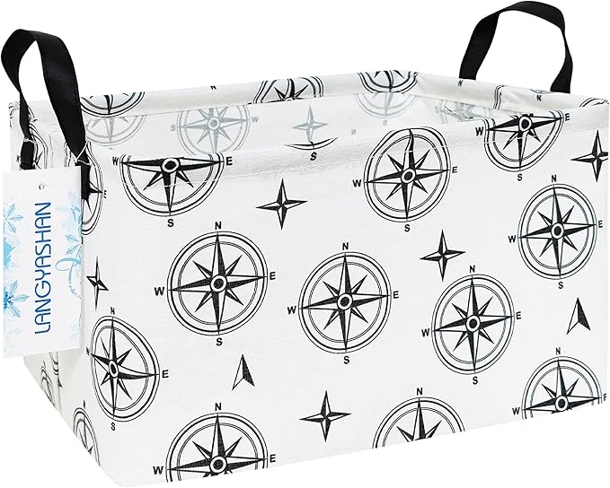 LANGYASHAN Rectangular Storage Bin Collapse Canvas Fabric Cartoon Storage Basket with Handles for Organizing Home Kitchen Boys and Girls Toys Office Closet Shelf Baskets (Rec Black Compass)