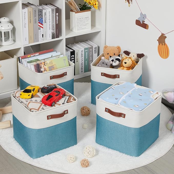HNZIGE Cube Storage Basket(4 Pack) Collapsible Baskets for Shelves,Dog Toys,Book,12x12 Fabric Storage Cube Bins Set for Room,Office,Closet(White&Teal)