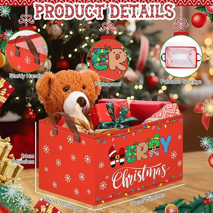 Boao 3 Pack Large Christmas Storage Baskets for Gifts Empty Collapsible Christmas Storage Bin with Handle, Xmas Canvas Laundry Basket for Home Bedroom Clothes Toys Closet Shelf Office Holiday Decor