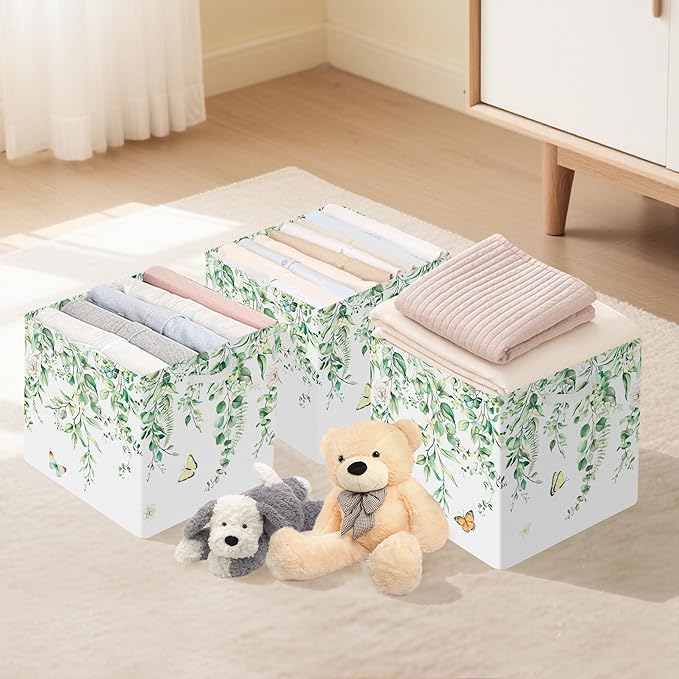 Clastyle 3 pcs Leaf Women Cube Storage Unit Bin with Metal Frame Foldable Kallax Box for Shelves Ladies Girls Closet Organizer Basket for Book Clothes Toy Organizer, Eucalyptus, 11.8x11.8x11.8 in