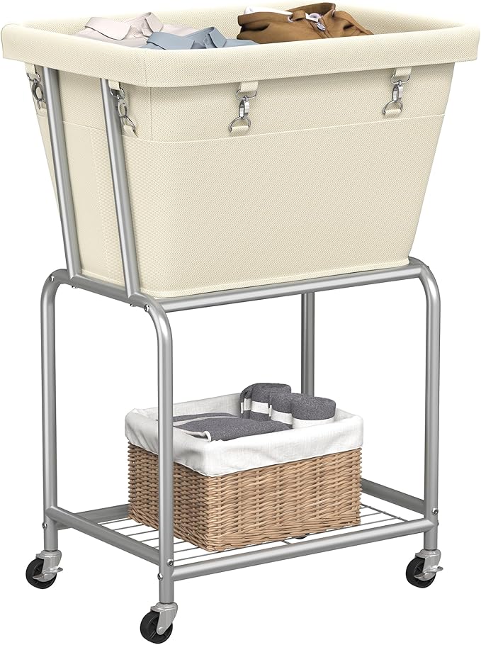 ELYKEN Laundry Cart with Wheels, Rolling Laundry Hamper with Removable Bag and Shelf, Metal Frame Laundry Basket with 4 Casters and 2 Brakes, Ideal for Bedroom, Bathroom, Laundry Room, Cream