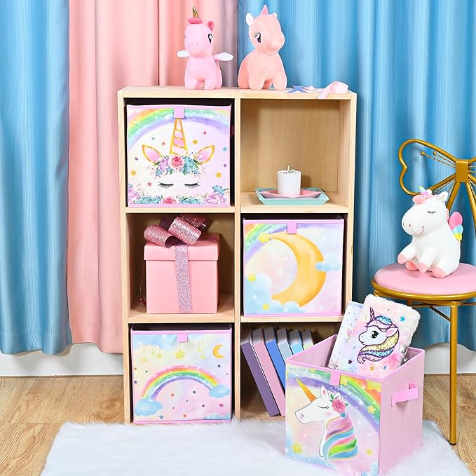 WERNNSAI Cube Storage Bins - 4 Pack Fabric Foldable Storage Cube Organizer for Kids Decorative Storage Baskets with Handles 11" x 11" Home Closet Nursery Room Bedroom (Unicorn)