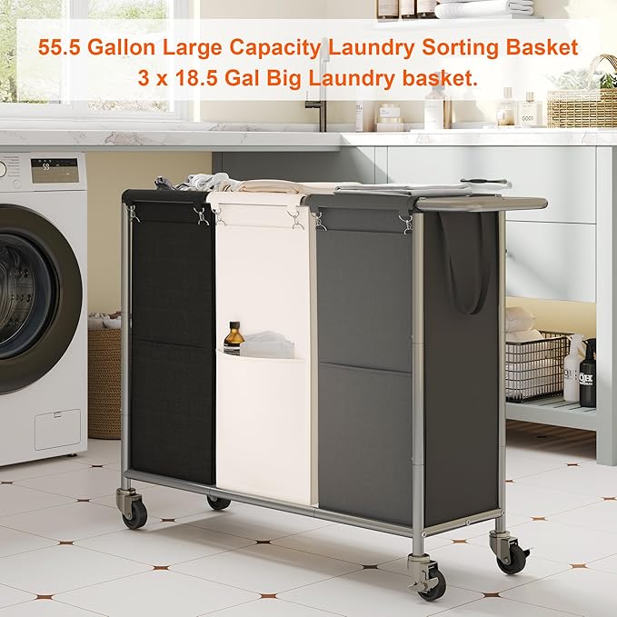 Heybly Laundry Basket, 3 x 18.5 Gal Laundry Separator Hamper with Heavy Duty Rolling Wheels, Laundry Divider Sorter with Removable Bags for Dirty Clothes Storage, 40.2 x 15.4 x 33.1 Inches HLH022P03