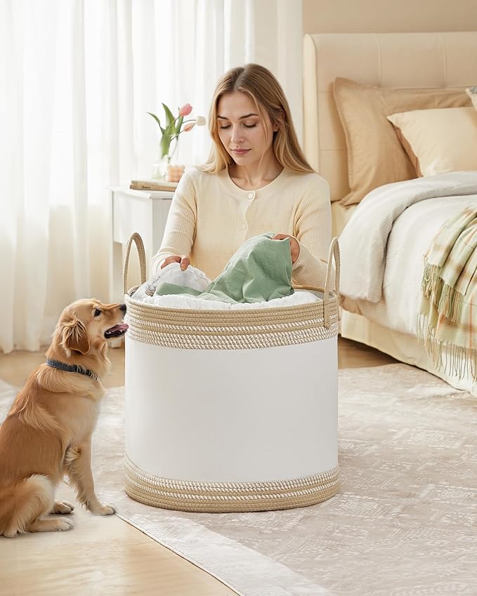 SONGMICS Laundry Hamper, Cotton Rope Laundry Basket with Handles, for Clothing, Living Room, Bedroom, 23.8 Gallons, 19.7 x 19.7 x 18.1 Inches, Cloud White and Camel Brown URLH090K01