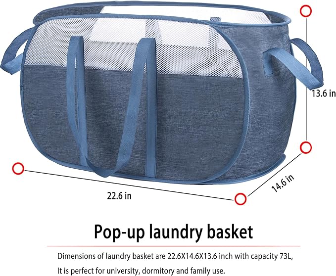 pop-up laundry basket，with Durable Handles collapsible Mesh laundry Hamper,Easy to Open and Fold,Premium Cationic Fabric… (Cationic blue+blue)