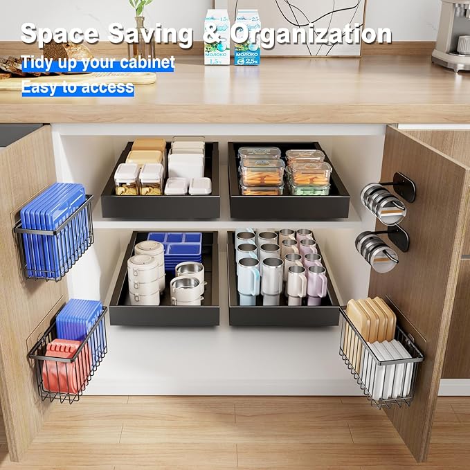4 Pack Adhesive Cabinet Door Organizer, Lid Organizers Inside Cabinet Food Container/Tumbler Lid Organizer and Storage Cup Lids Holder for Kitchen & Bathroom Wall Mounted(Black)