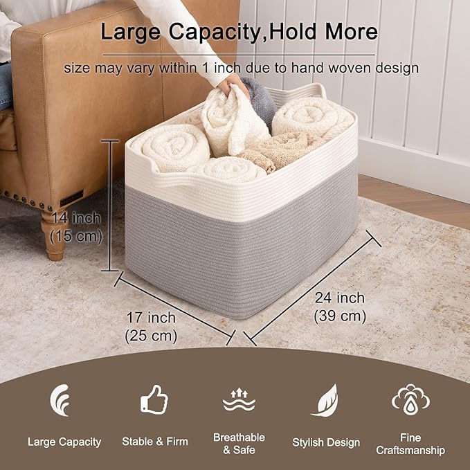 OIAHOMY Extra Large Blanket Basket, 95L Woven Storage Basket, Cotton Rope Toy Bin for Baby Room, Container for Storage in Living Room, 24''×17''×14'', Grey & White