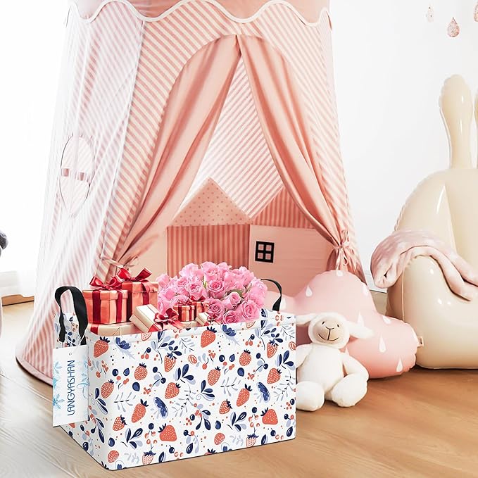 LANGYASHAN Rectangular Storage Bin Collapse Canvas Fabric Cartoon Storage Basket with Handles for Organizing Home Kitchen Boys and Girls Toys Office Closet Shelf Baskets (Rec Strawberry)