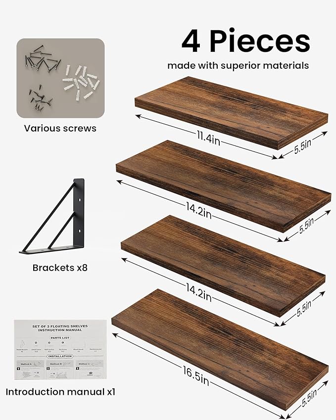 BAYKA Wall Shelves for Bedroom Decor, Floating Wall Shelves for Living Room Kitchen Storage, Mounted Rustic Wood Floating Shelves for Kids Books, Corner Shelf for Bathroom(Rustic Brown，Set of 4)