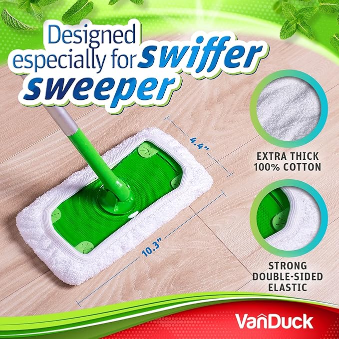 VanDuck Reusable 100% Cotton Mop Pads (16-Pack), Terry Cloth Mop Covers Washable for Wet Mopping and Floor Cleaning (Handle is Not Included)