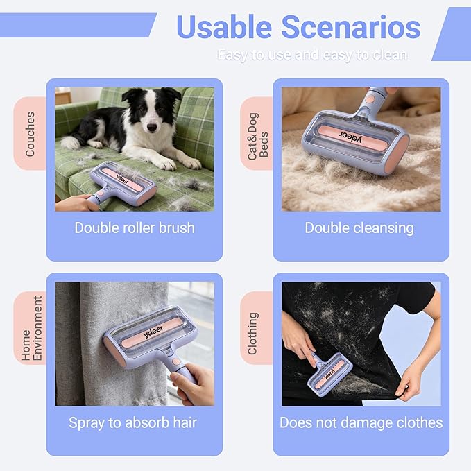 Ydeer Pet Hair Removal Tool with Water Spray & Large Fur Bin, Dual Roller Reusable Lint Remover for Couch, Carpet, Clothes and Car Seats