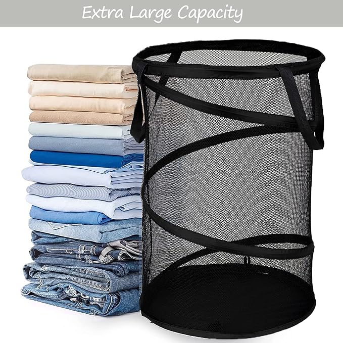 BATTOO 2 Pack Black X-Large Collapsible Laundry Basket Foldable Mesh Pop Up Hamper with Handles for Laundry Room, Bathroom, Kids Room, College Dorm, Travel, Camping, Gift Basket